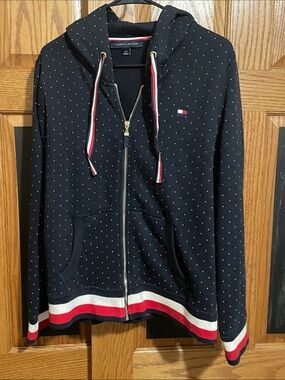 Tommy Hilfiger Navy Polka Dot Zip Hoodie with Red & White Accents